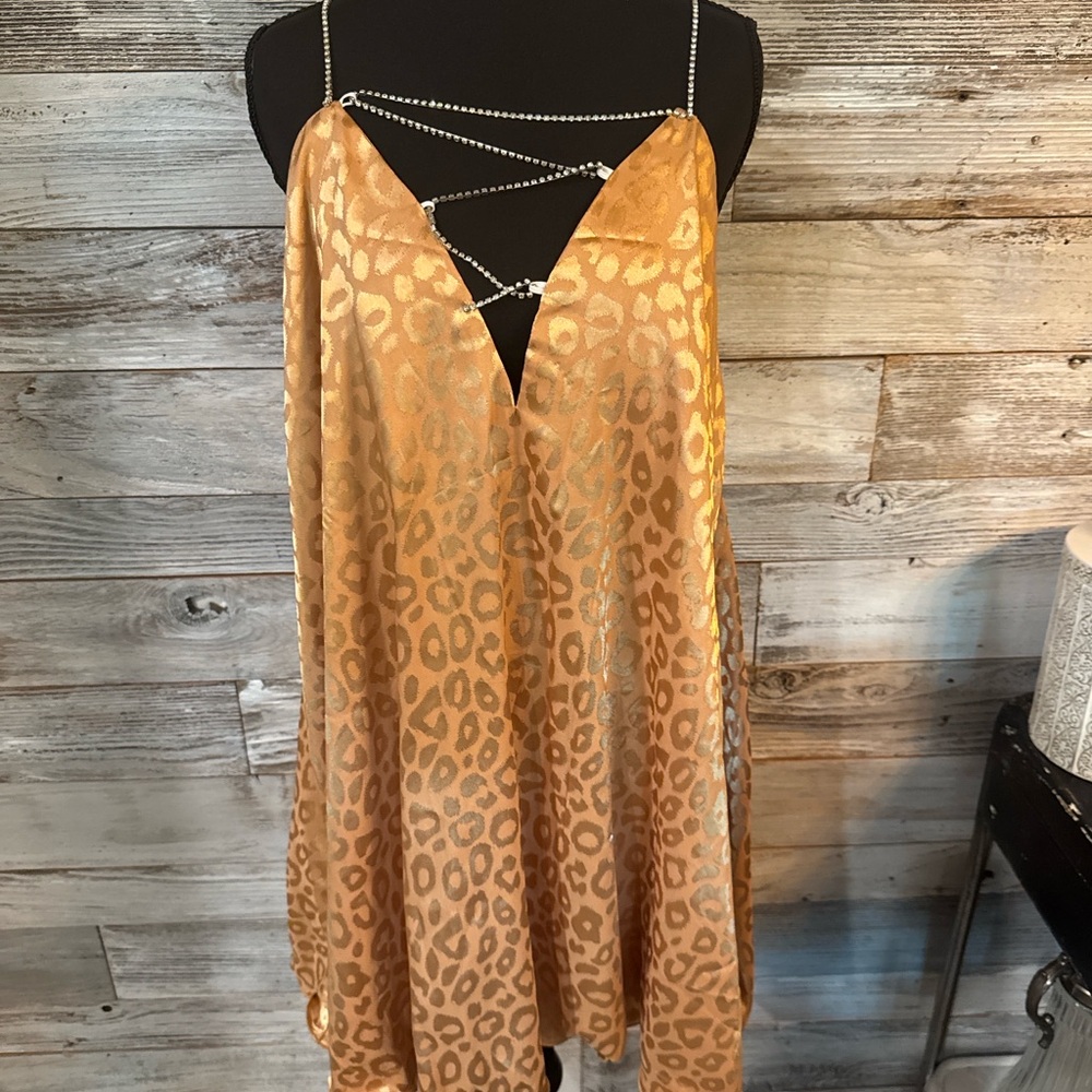 NWT Simplee Plus Apparel Gold Leopard Slip Dress With Diamond Accents
